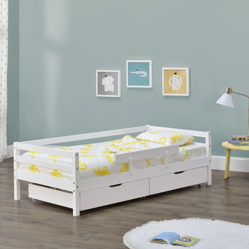 Letto per Bambino / Gioventú con 2 Cassetti Portabiancherie 70x140 / 80x160 / 90x200 cm Lettino in Legno di Pino con Corrimano Laterale - Vari Colori