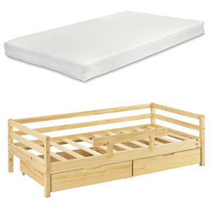 Letto per Bambino/Gioventú con Materasso a Schiuma Fredda 70x140 / 80x160 / 90x200 cm Lettino in Legno di Pino con Corrimano Laterale e 2 Cassetti Portabiancherie - Vari Colori