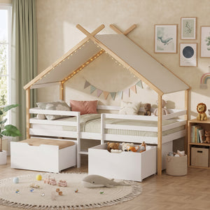 Letto Casetta per Bambini Surnadal con Materasso 90x200 cm Cassetti e Sbarre [en.casa] 
