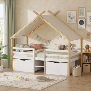 Letto Casetta per Bambini Surnadal 90x200 cm in Legno di Pino con Cassetti e Sbarre [en.casa] 