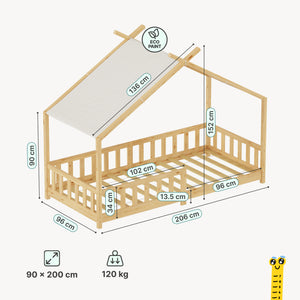 Letto a casa Rila in stile Montessori con materasso e protezione anticaduta 90x200 cm [en.casa]
