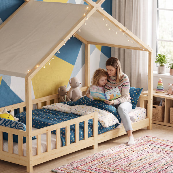 Letto a casa Rila in stile Montessori con materasso e protezione anticaduta 90x200 cm [en.casa]