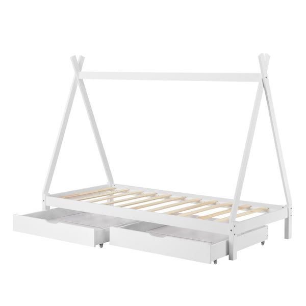 Lettino a Forma di Tenda Indiana con 2 Cassetti Portaoggetti Lettino 90 x 200 cm Montessori Lettino Tipi in Legno di Pino