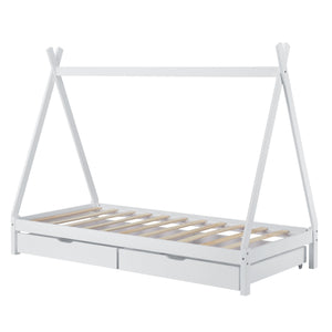 Lettino a Forma di Tenda Indiana con 2 Cassetti Portaoggetti Lettino 90 x 200 cm Montessori Lettino Tipi in Legno di Pino