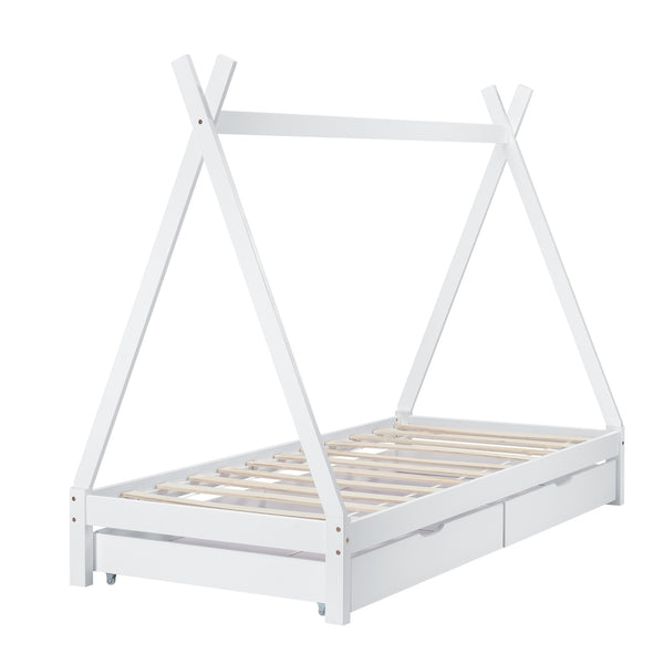 Lettino a Forma di Tenda Indiana con 2 Cassetti Portaoggetti Lettino 90 x 200 cm Montessori Lettino Tipi in Legno di Pino