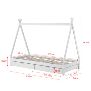 Lettino a Forma di Tenda Indiana con 2 Cassetti Portaoggetti Lettino 90 x 200 cm Montessori Lettino Tipi in Legno di Pino