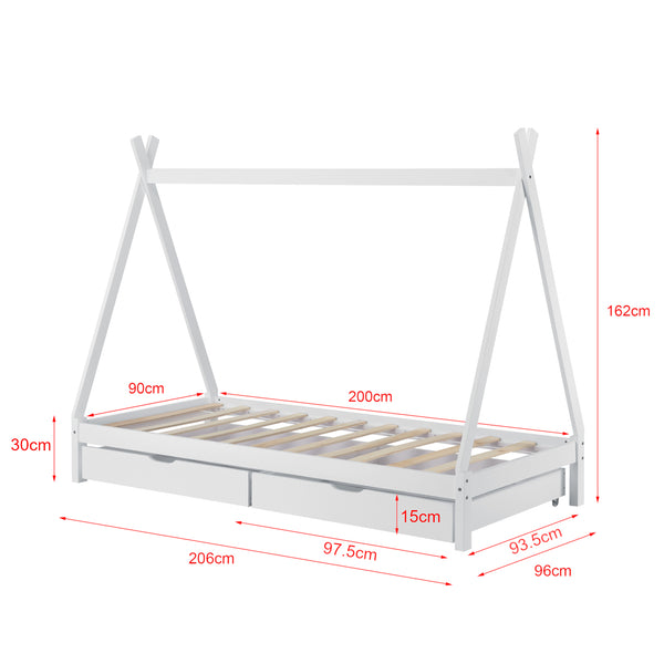 Lettino a Forma di Tenda Indiana con 2 Cassetti Portaoggetti Lettino 90 x 200 cm Montessori Lettino Tipi in Legno di Pino