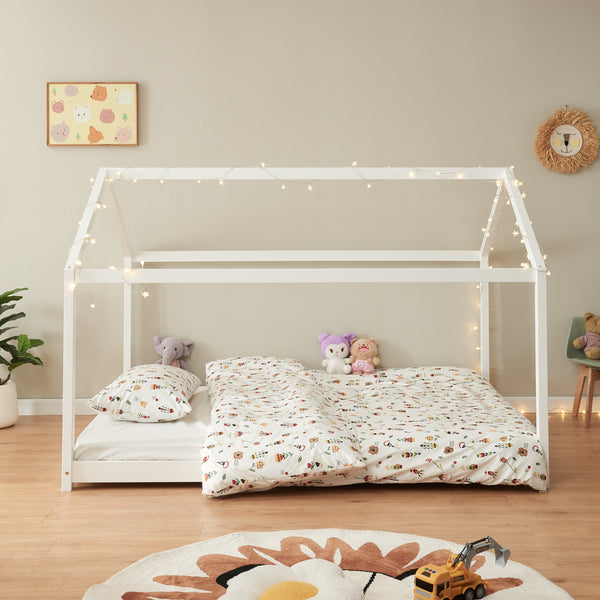 Letto per Cameretta 'Cerro' a Forma di Casetta con Materasso in Varie Misure - Legno di Pino Bianco [en.casa]