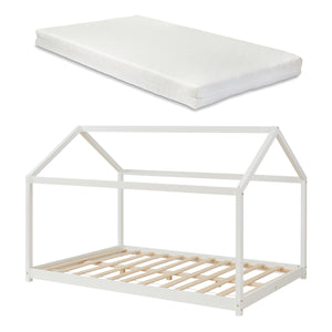 Letto per Cameretta 'Cerro' a Forma di Casetta con Materasso in Varie Misure - Legno di Pino Bianco [en.casa]
