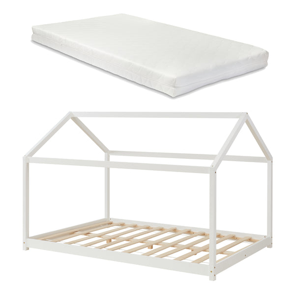 Letto per Cameretta 'Cerro' a Forma di Casetta con Materasso in Varie Misure - Legno di Pino Bianco [en.casa]