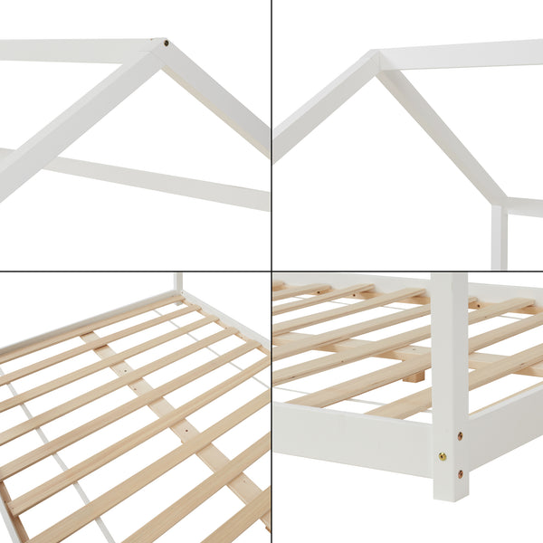 Letto per Cameretta 'Cerro' a Forma di Casetta con Materasso in Varie Misure - Legno di Pino Bianco [en.casa]