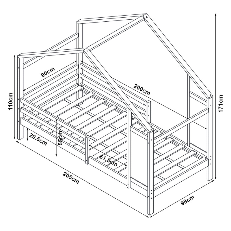 Schizzo in scala Letto a Casetta Lorenskog per Cameretta con Materasso 90 x 200 cm in Legno di Pino con Barriera Anticaduta [en.casa]