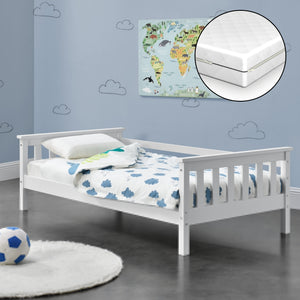 Letto per Bambino con Materasso Ipoallergenico a Schiuma Fredda 70x140 / 80x160 / 90x200 cm Letto di Design Moderno in Legno di Pino con Testiera e Pediera - Vari Colori