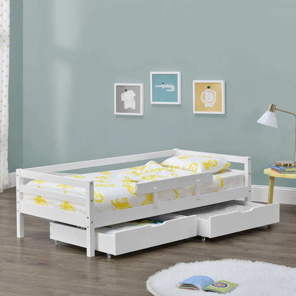 Letto per Bambino / Gioventú con 2 Cassetti Portabiancherie 70x140 / 80x160 / 90x200 cm Lettino in Legno di Pino con Corrimano Laterale - Vari Colori
