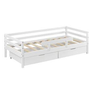 Letto per Bambino / Gioventú con 2 Cassetti Portabiancherie 70x140 / 80x160 / 90x200 cm Lettino in Legno di Pino con Corrimano Laterale - Vari Colori