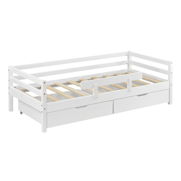 Letto per Bambino / Gioventú con 2 Cassetti Portabiancherie 70x140 / 80x160 / 90x200 cm Lettino in Legno di Pino con Corrimano Laterale - Vari Colori