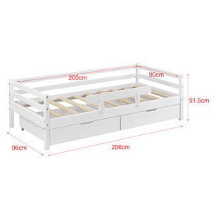 Letto per Bambino / Gioventú con 2 Cassetti Portabiancherie 70x140 / 80x160 / 90x200 cm Lettino in Legno di Pino con Corrimano Laterale - Vari Colori
