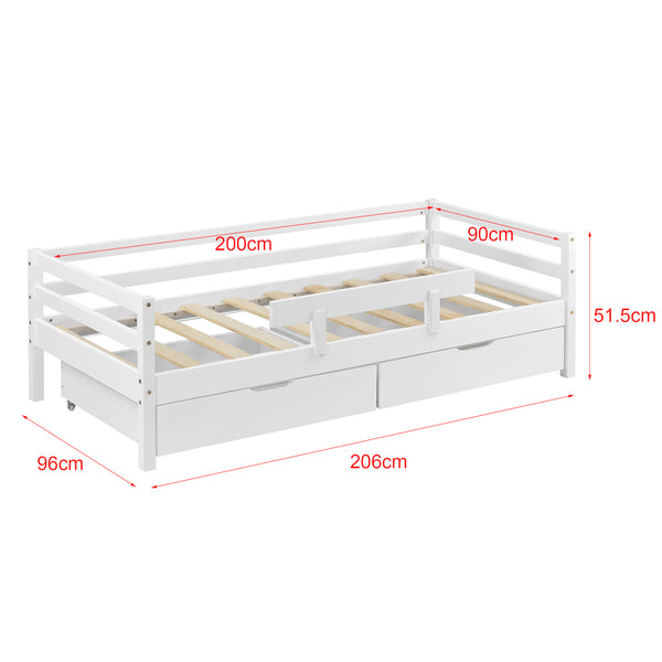 Letto per Bambino / Gioventú con 2 Cassetti Portabiancherie 70x140 / 80x160 / 90x200 cm Lettino in Legno di Pino con Corrimano Laterale - Vari Colori