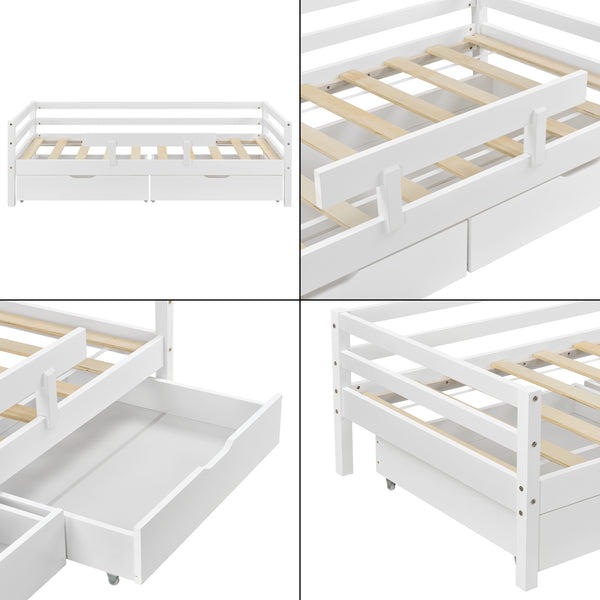 Letto per Bambino / Gioventú con 2 Cassetti Portabiancherie 70x140 / 80x160 / 90x200 cm Lettino in Legno di Pino con Corrimano Laterale - Vari Colori