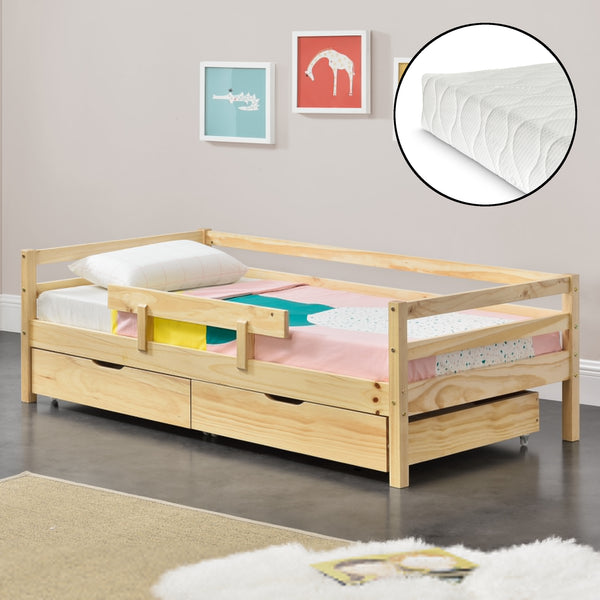 Letto per Bambino/Gioventú con Materasso a Schiuma Fredda 70x140 / 80x160 / 90x200 cm Lettino in Legno di Pino con Corrimano Laterale e 2 Cassetti Portabiancherie - Vari Colori