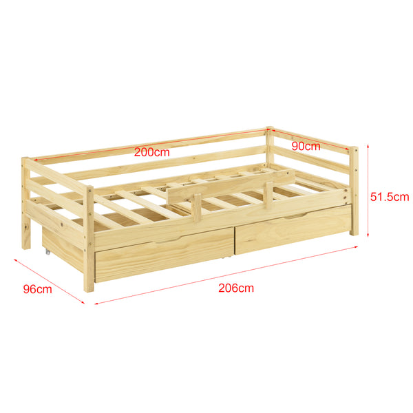 Letto per Bambino/Gioventú con Materasso a Schiuma Fredda 70x140 / 80x160 / 90x200 cm Lettino in Legno di Pino con Corrimano Laterale e 2 Cassetti Portabiancherie - Vari Colori