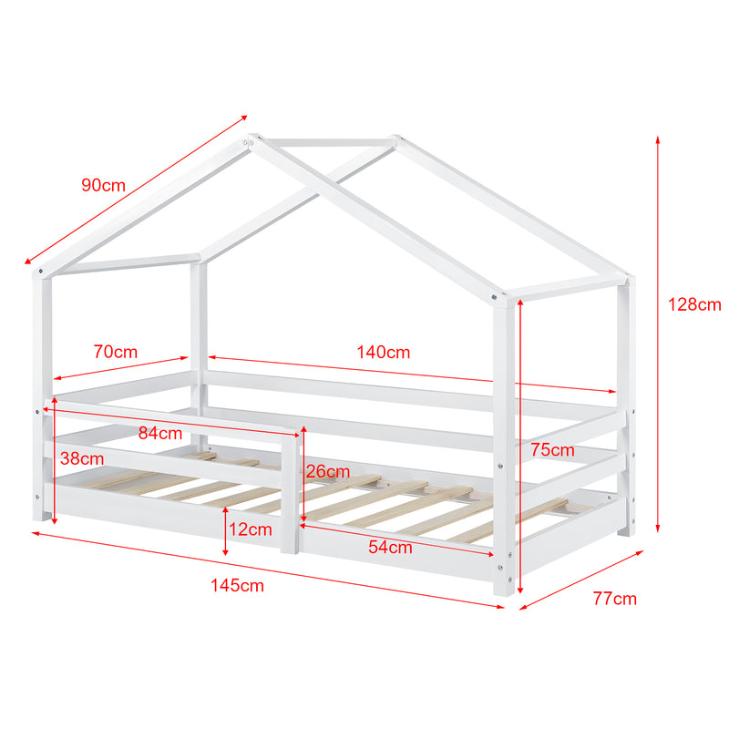 Schizzo in scala Letto per Bambino a Forma di Casetta con Barriere di Sicurezza e Materasso Ortopedico 70x140/80x160/90x200 cm Lettino in Legno di Pino con Sponde - Vari Colori