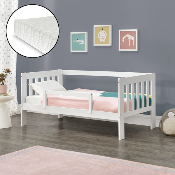 Letto per Bambino con Materasso a Schiuma Fredda 140x70 / 160x80 / 200x90 cm Lettino in Legno di Pino con Corrimano Laterale e Piedini Alti - Vari Colori