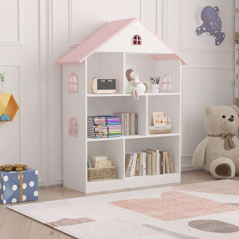 Libreria per bambini Vipsali 107x83x30 cm Bianco/Rosa [en.casa]
