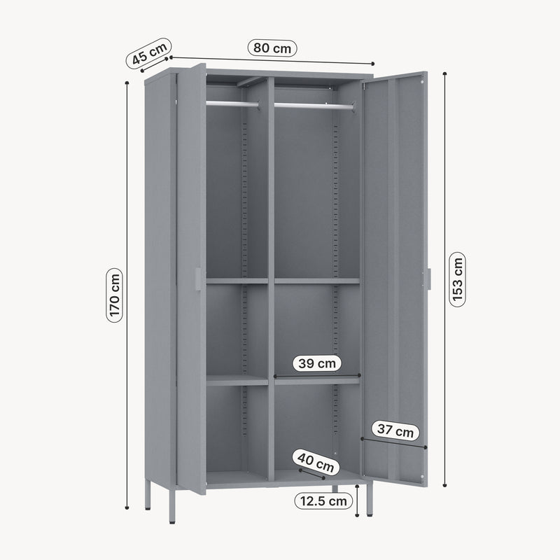 Schizzo in scala Armadio Guradaroba Esteli in Acciaio a 2 Ante con 2 Barre Appendiabiti e 4 Ripiani 170 x 80 x 45 cm [en.casa]