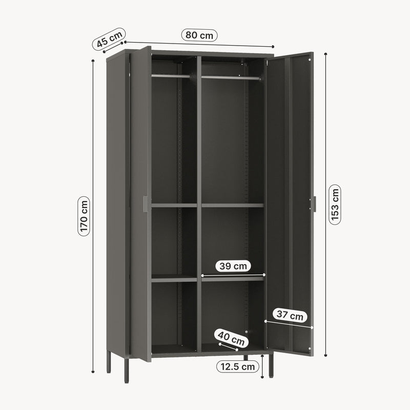 Schizzo in scala Armadio Guradaroba Esteli in Acciaio a 2 Ante con 2 Barre Appendiabiti e 4 Ripiani 170 x 80 x 45 cm [en.casa]