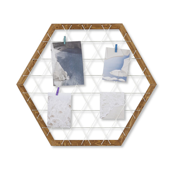 Griglia da Parete Bacheca Multifunzione con Cornice in Legno e Rete di Fili Appendi Foto Memoboard Esagonale Espositore Decorativo - Vari Colori [en.casa]