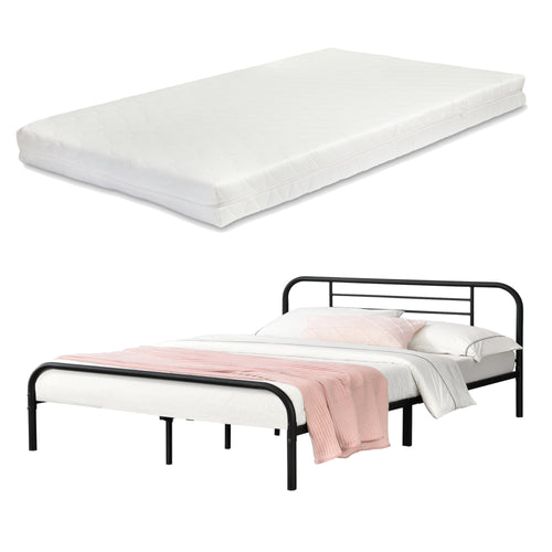 Letto in Metallo con Materasso a Schiuma Fredda 90/140/180 x 200 cm Letto con Testiera e Pediera Letto Singolo/Francese/Matrimoniale - Nero