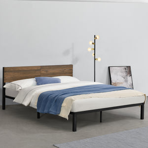 Struttura Letto in Stile Moderno 90/140/180 x 200 cm Letto in Acciaio Nero con Testiera Decorata con Pannelli in Color Noce
