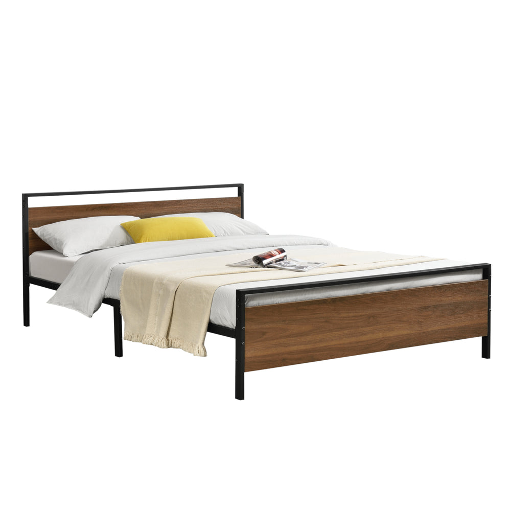 Struttura Letto in Acciaio 140/180 x 200 cm Testiera e Pediera Decorate con Panelli in Effetto Legno di Color Noce Letto Matrimoniale in Stile Moderno - Nero