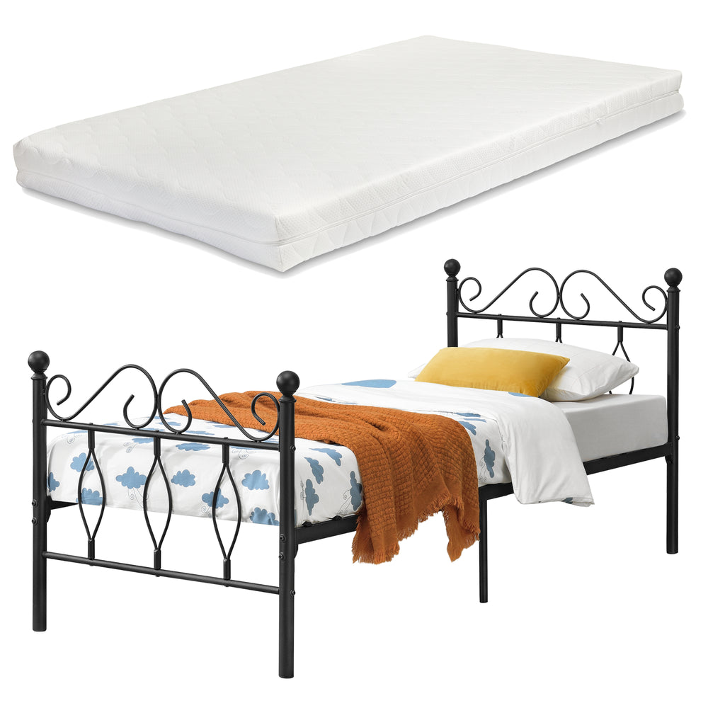Struttura Letto in Metallo con Testiera e Pediera in Stile Romantico/Classico con Materasso 90/120/140 x 200 cm Letto 1 Piazza e Mezza/ Francese/Singolo - Nero 