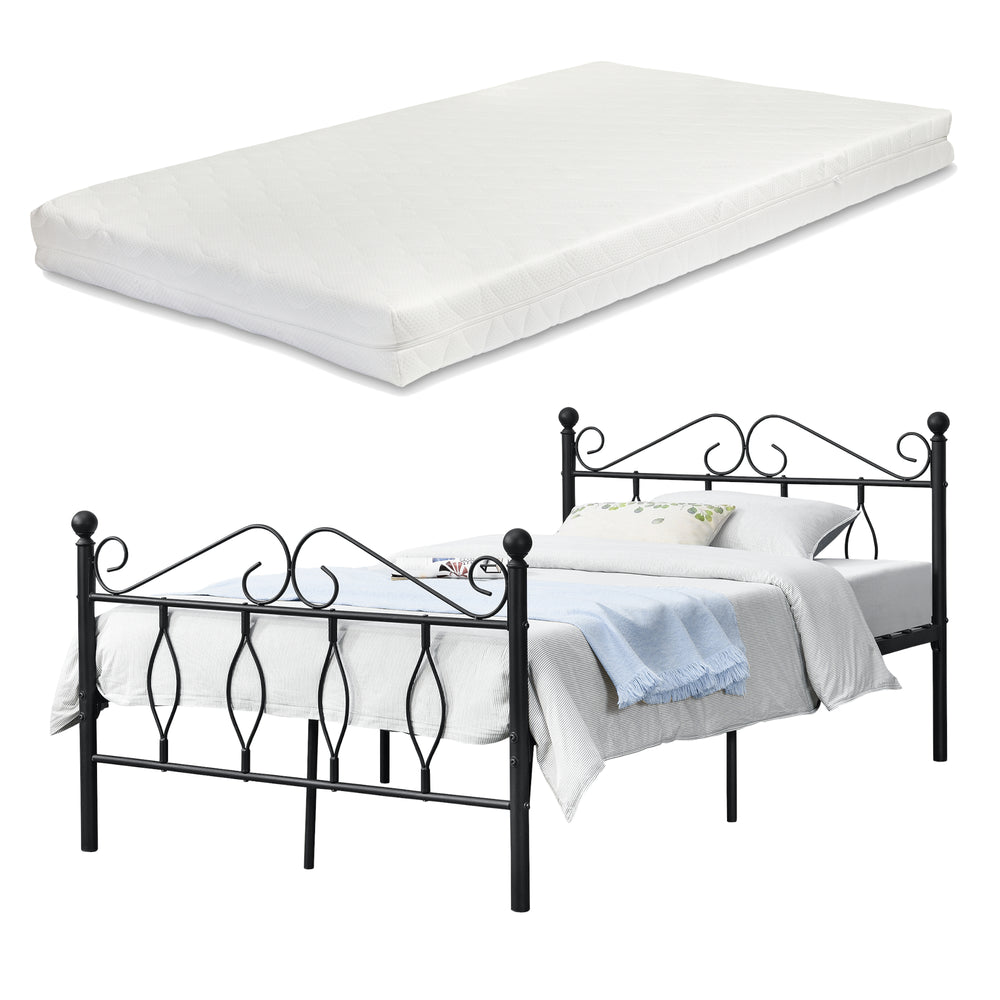 Struttura Letto in Metallo con Testiera e Pediera in Stile Romantico/Classico con Materasso 90/120/140 x 200 cm Letto 1 Piazza e Mezza/ Francese/Singolo - Nero 