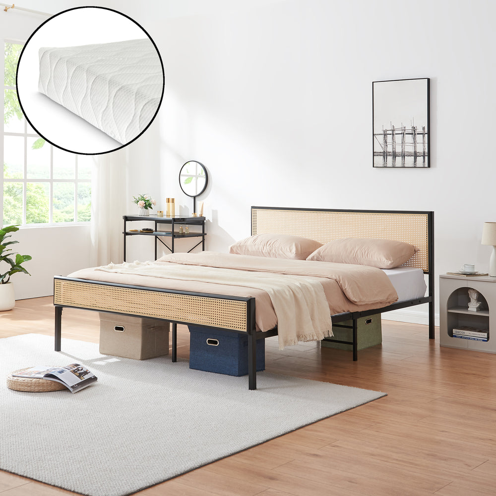 Letto Matrimoniale Linköping in Metallo con Materasso Testiera e Pediera Effetto Rattan [en.casa]