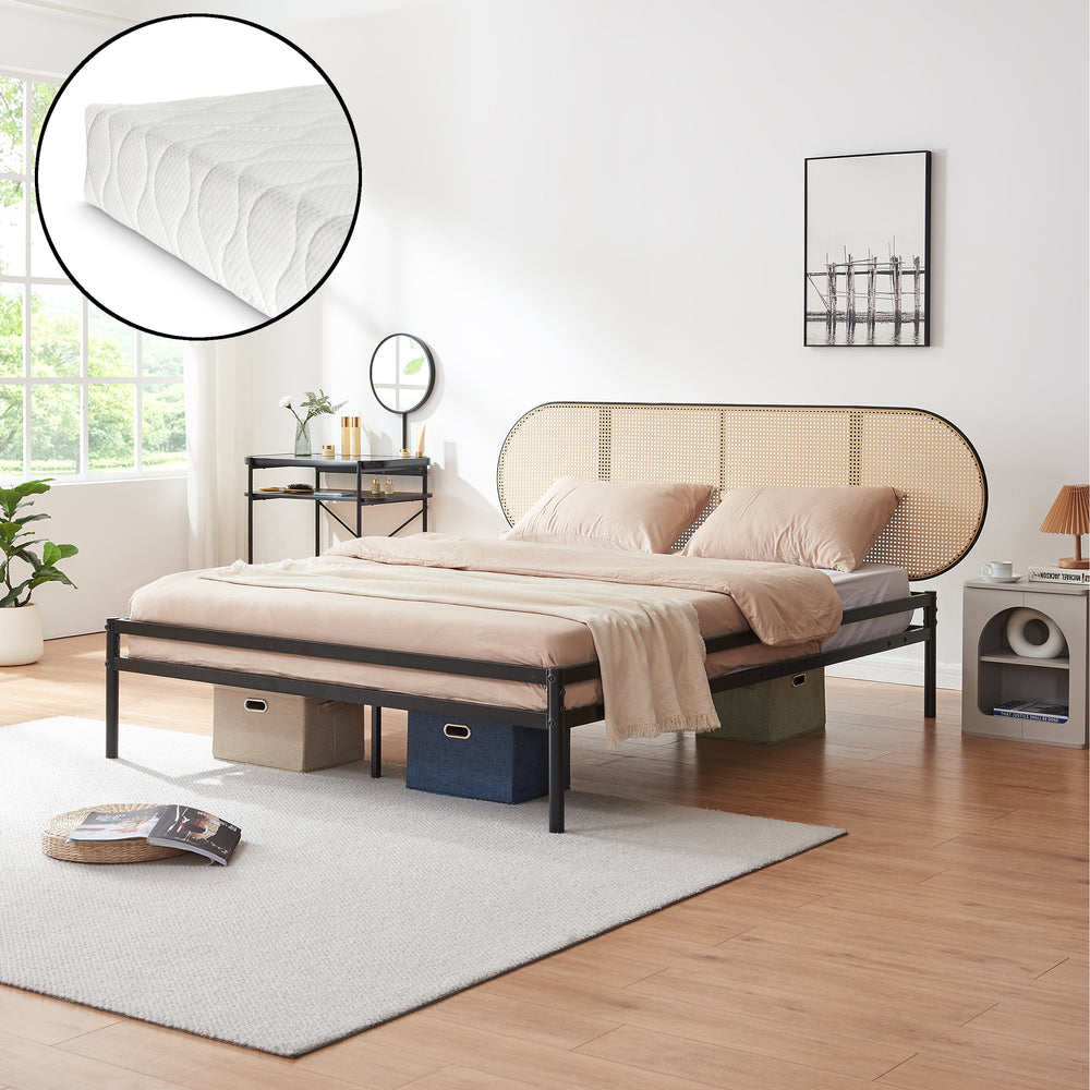 Letto Matrimoniale Linköping in Metallo con Testiera Ovale Effetto Rattan [en.casa]