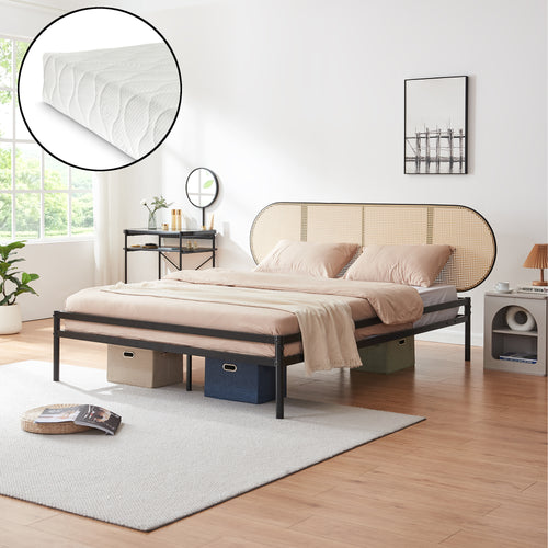 Letto Matrimoniale Linköping in Metallo con Testiera Ovale Effetto Rattan [en.casa]