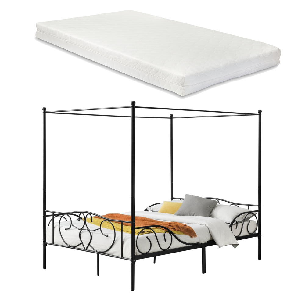 Letto Matrimoniale a Baldacchino Finström con Materasso in Schiuma Fredda Struttura Letto in Acciaio [en.casa]