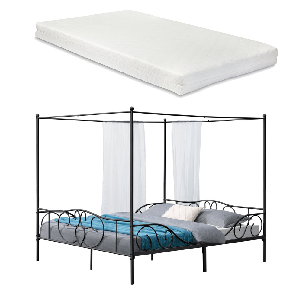 Letto Matrimoniale a Baldacchino Finström con Materasso in Schiuma Fredda Struttura Letto in Acciaio [en.casa]