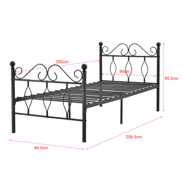 Struttura Letto in Metallo con Testiera e Pediera in Stile Romantico/Classico 90/120/140 x 200 cm Letto Singolo / Francese / 1 Piazza e Mezza - Nero