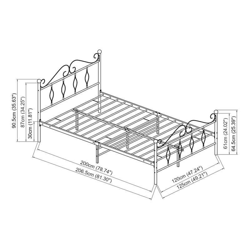 Schizzo in scala Struttura Letto in Metallo con Testiera e Pediera in Stile Romantico/Classico con Materasso 90/120/140 x 200 cm Letto 1 Piazza e Mezza/ Francese/Singolo - Bianco