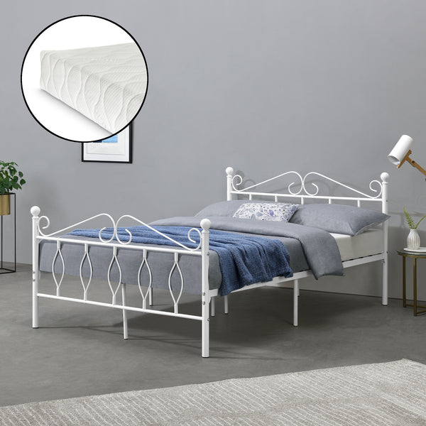 Struttura Letto in Metallo con Testiera e Pediera in Stile Romantico/Classico con Materasso 90/120/140 x 200 cm Letto 1 Piazza e Mezza/ Francese/Singolo - Bianco