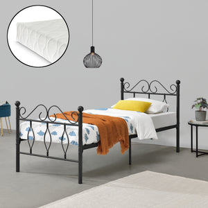 Struttura Letto in Metallo con Testiera e Pediera in Stile Romantico/Classico con Materasso 90/120/140 x 200 cm Letto 1 Piazza e Mezza/ Francese/Singolo - Nero 