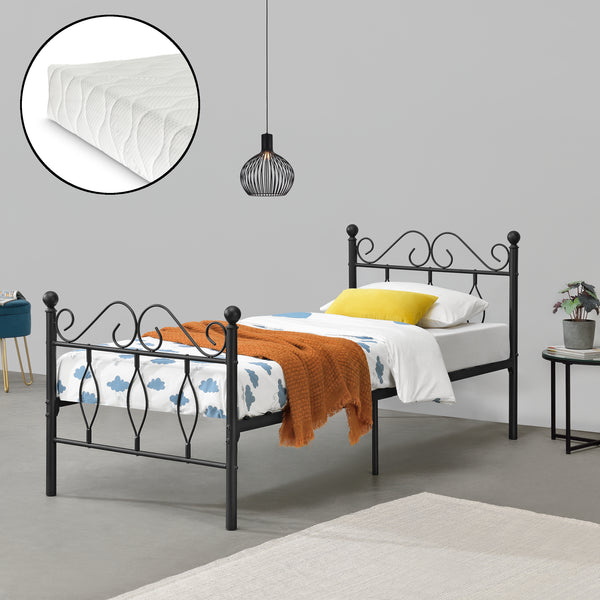 Struttura Letto in Metallo con Testiera e Pediera in Stile Romantico/Classico con Materasso 90/120/140 x 200 cm Letto 1 Piazza e Mezza/ Francese/Singolo - Nero 