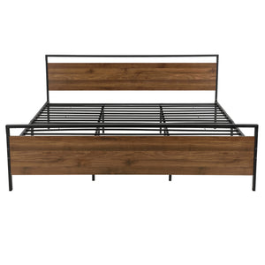 Struttura Letto in Acciaio 140/180 x 200 cm Testiera e Pediera Decorate con Panelli in Effetto Legno di Color Noce Letto Matrimoniale in Stile Moderno - Nero