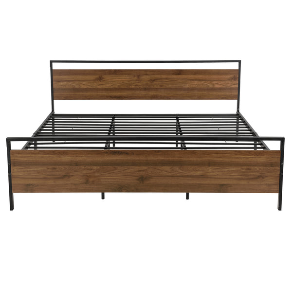 Struttura Letto in Acciaio 140/180 x 200 cm Testiera e Pediera Decorate con Panelli in Effetto Legno di Color Noce Letto Matrimoniale in Stile Moderno - Nero