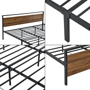 Struttura Letto in Acciaio 140/180 x 200 cm Testiera e Pediera Decorate con Panelli in Effetto Legno di Color Noce Letto Matrimoniale in Stile Moderno - Nero