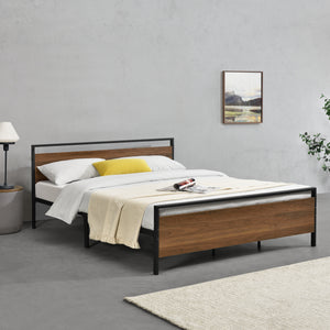 Struttura Letto in Acciaio 140/180 x 200 cm Testiera e Pediera Decorate con Panelli in Effetto Legno di Color Noce Letto Matrimoniale in Stile Moderno - Nero